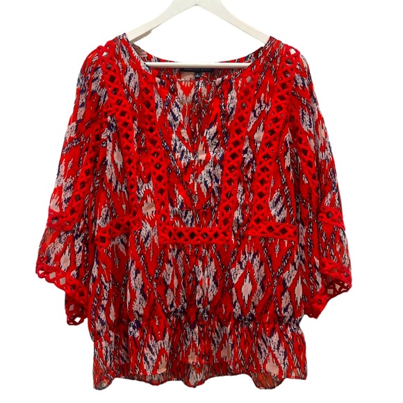 Anthropologie Daniel Rainn Red Orange Tribal Crochet Bell Sleeves Peasant Blouse - Picture 1 of 6